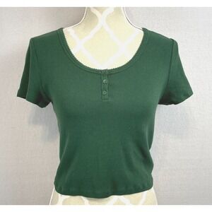Aritzia‎ Sunday Best Henley Crop Top Green Womens L Ribbed Baby Doll Tee